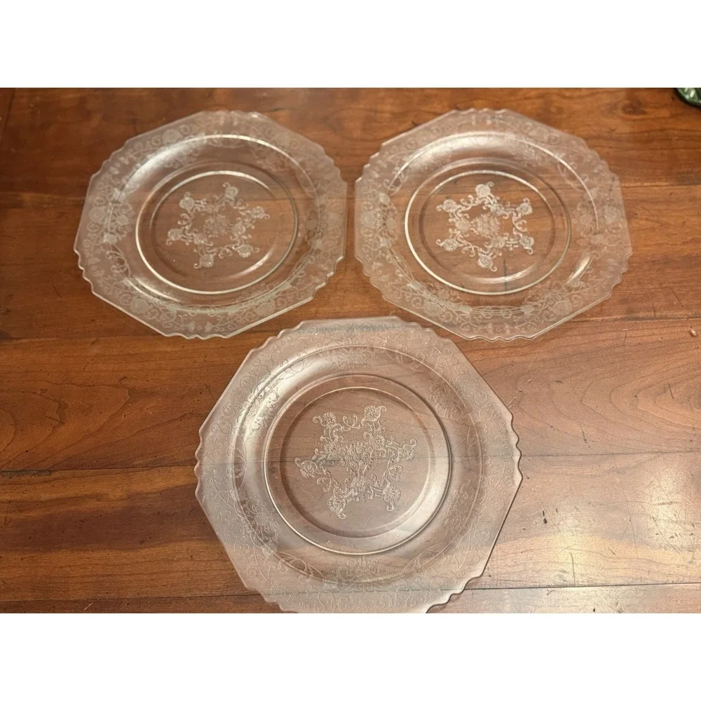 Vintage Hazel Atlas Florentine No 1 Clear Depression Glass Plates Octagon Set 3
